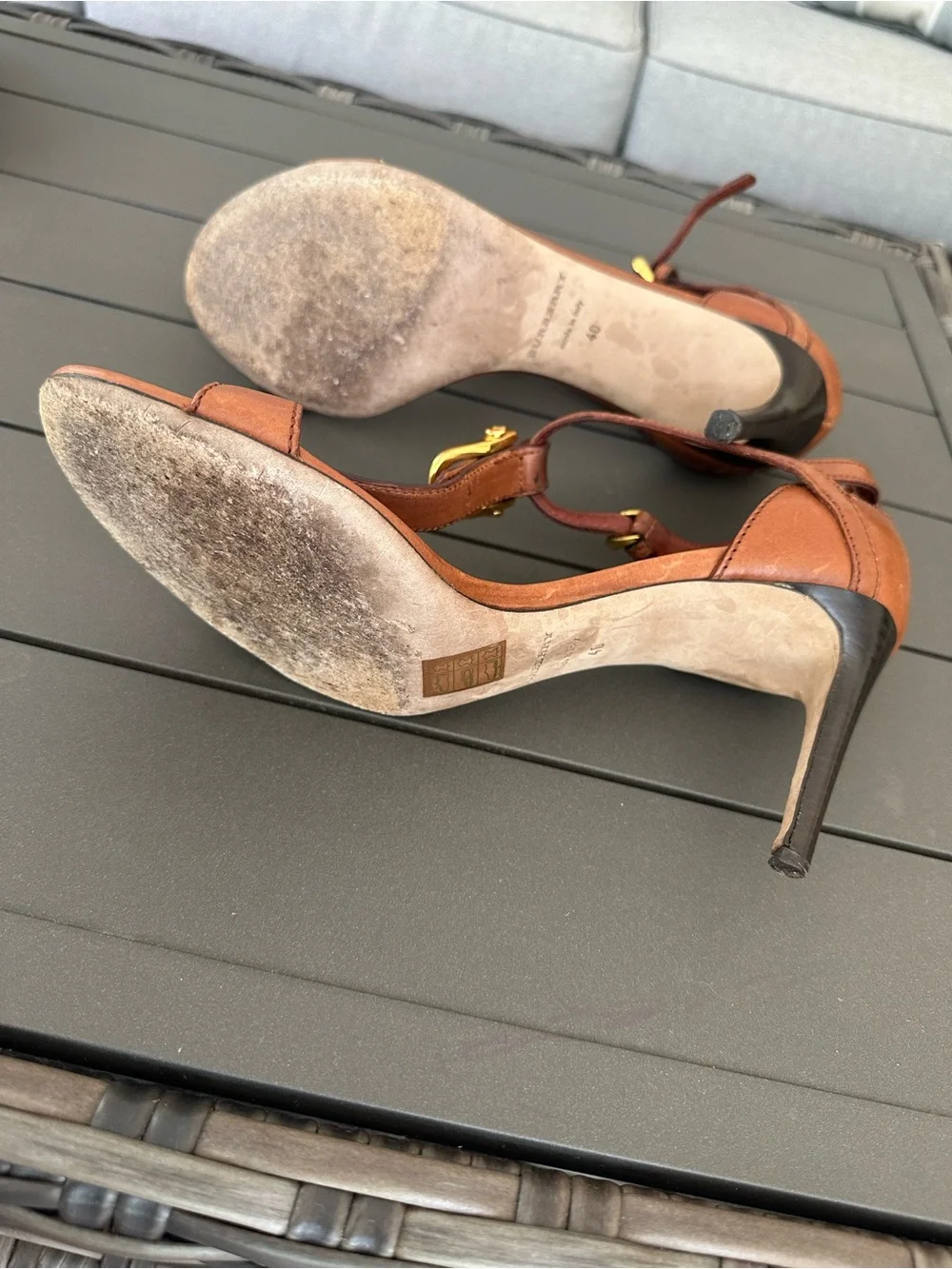 BURBERRY Brown Leather High Heel Sandals with Gold Buckles